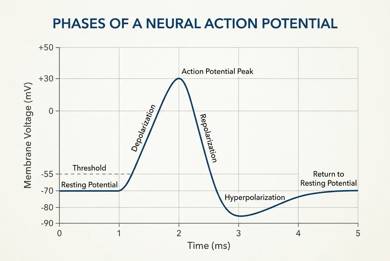 Graph showing the voltage spike of a neural action potential over time