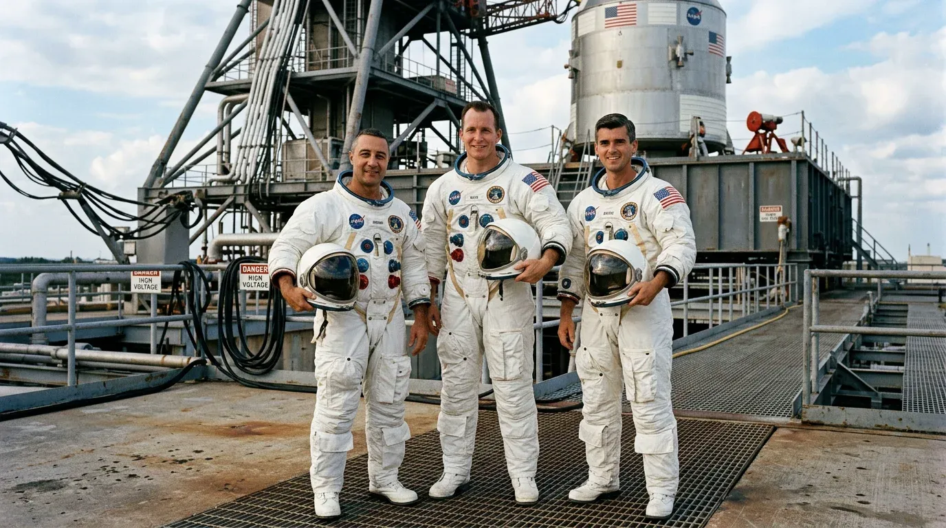 The Apollo 1 crew Gus Grissom, Ed White, and Roger Chaffee in their spacesuits.