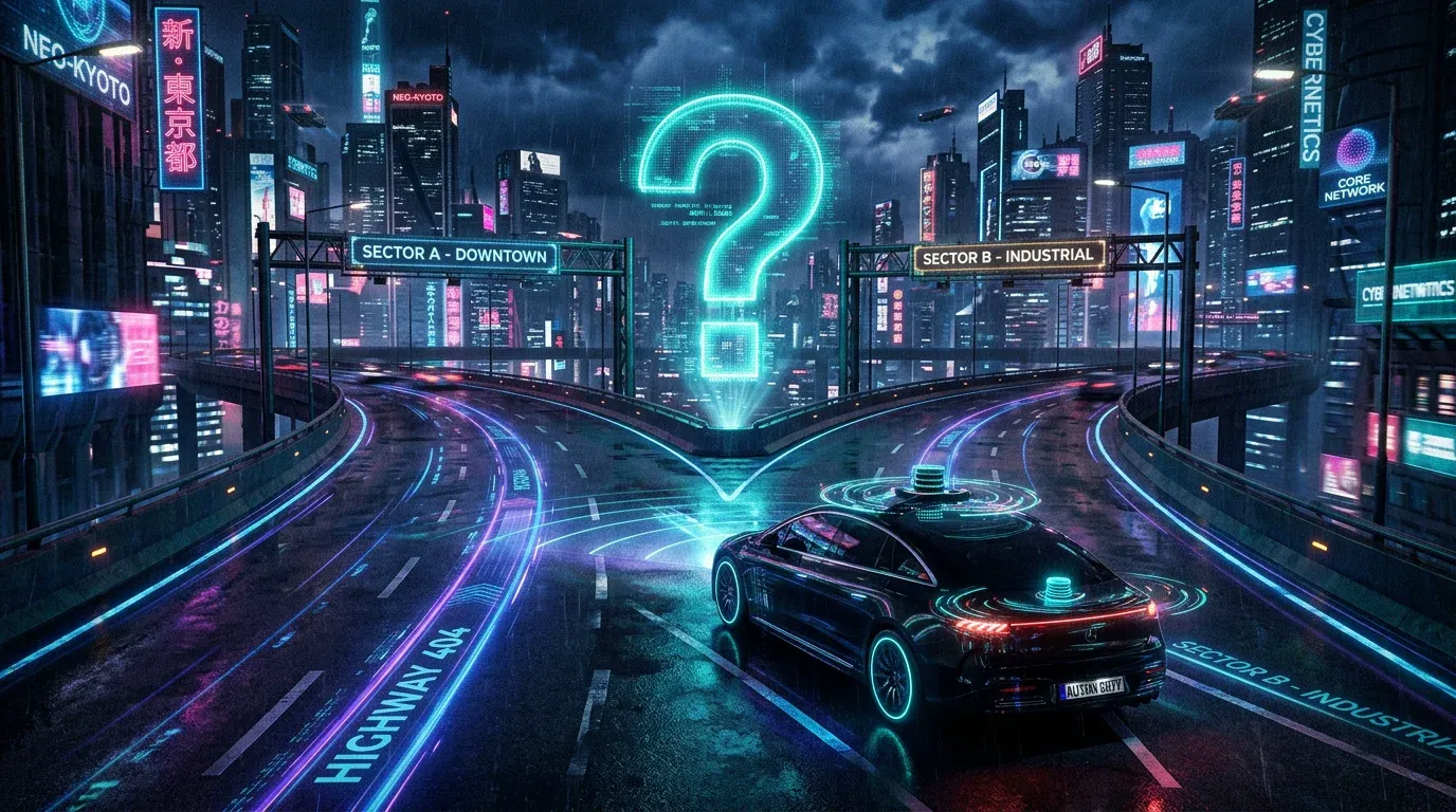 A futuristic self-driving car approaching a fork in a digital road with a glowing question mark.