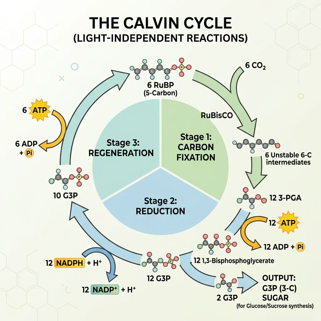 Calvin cycle diagram with three stages labelled and arrows showing reactants and products