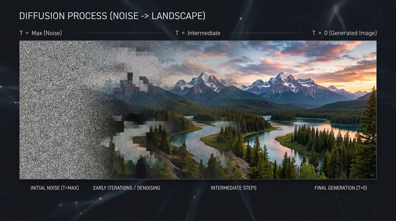 A conceptual visual showing static noise gradually resolving into a clear beautiful landscape image, representing the AI diffusion process.