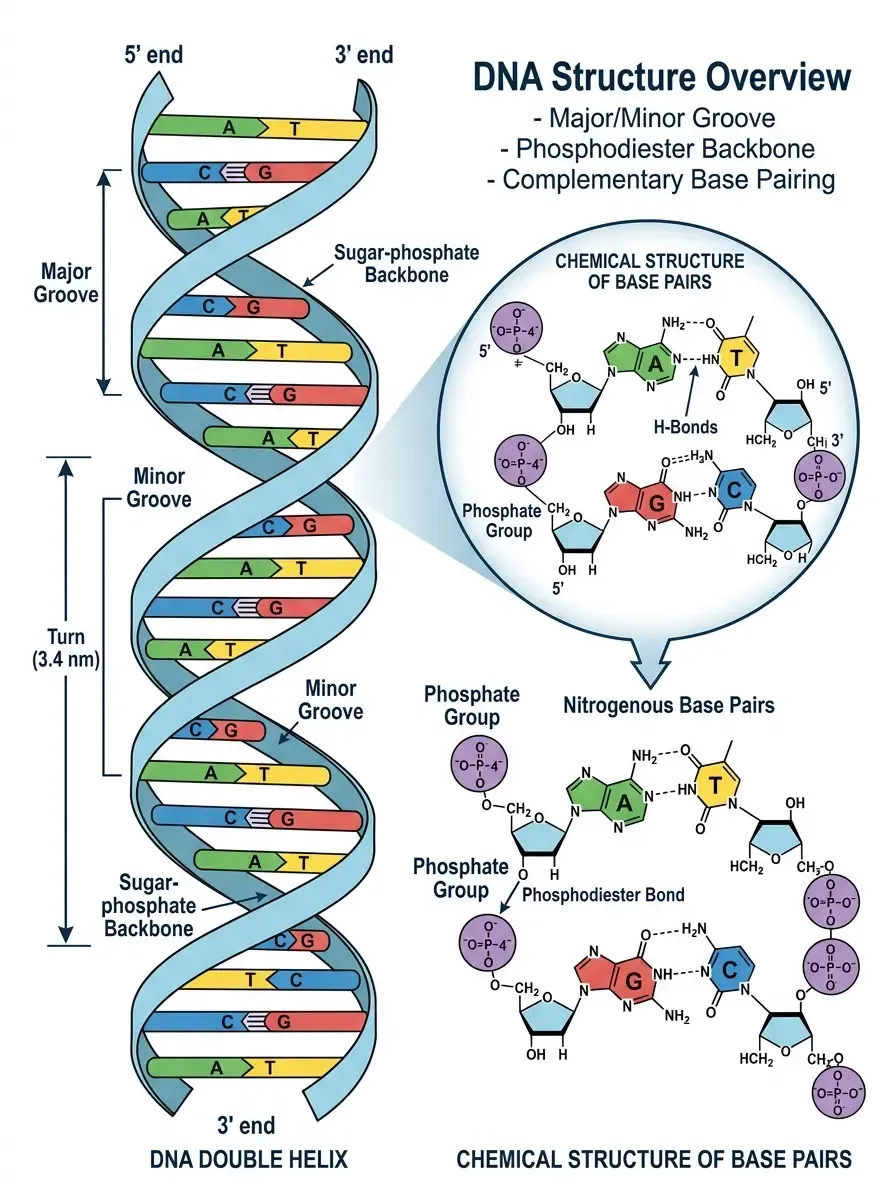 Labeled diagram of DNA double helix structure with nucleotide base pairs.