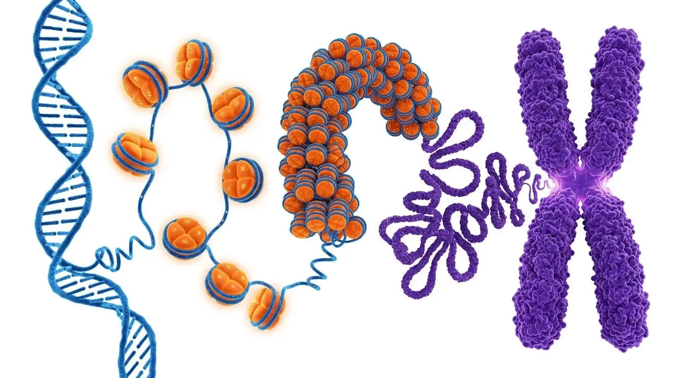 Diagram showing DNA wrapping around histones and condensing into a chromosome.