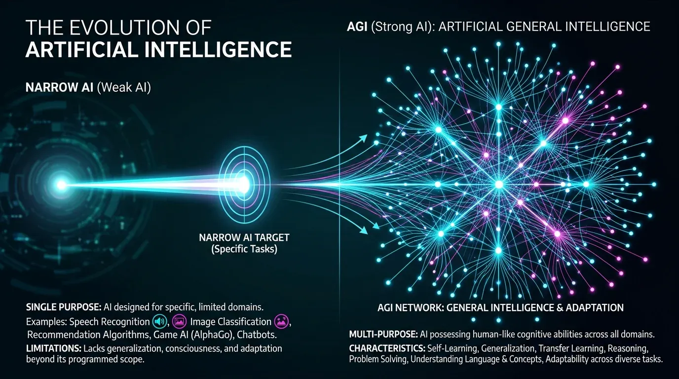 Diagram comparing single-task Narrow AI with the multi-dimensional capabilities of AGI.