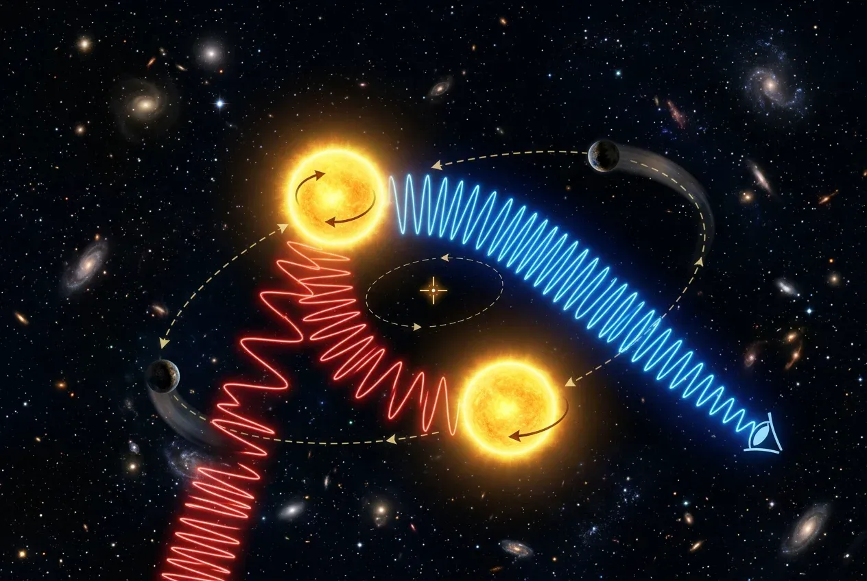 Diagram of the radial velocity method showing blue and red shifted light waves from a wobbling star.