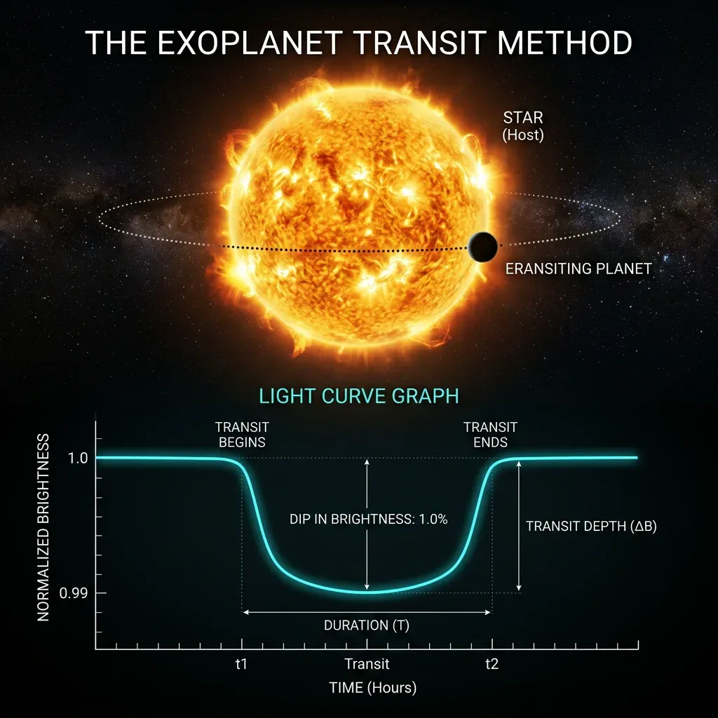 Diagram explaining the transit method of detecting exoplanets by measuring dips in starlight.