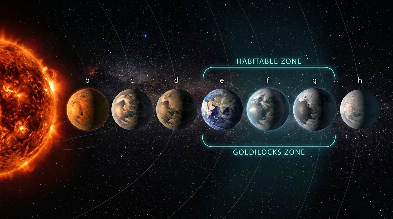 Illustration of the TRAPPIST-1 exoplanet system showing seven Earth-sized planets orbiting a red dwarf star.