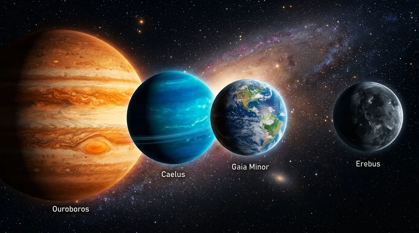 A lineup of different types of exoplanets including a gas giant, ice giant, rocky super-Earth, and a rogue planet.