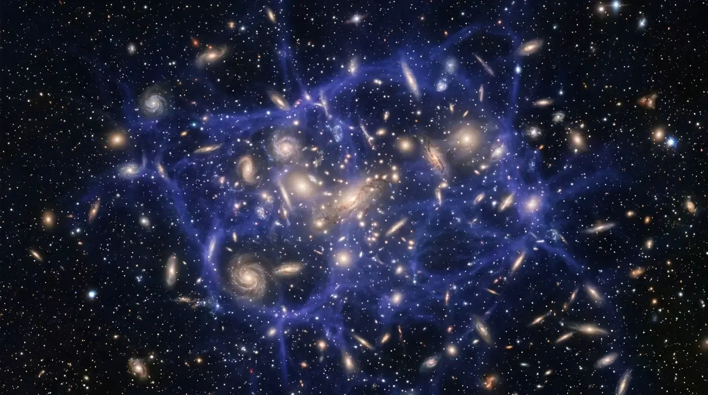 A deep-field image of galaxy clusters with an overlaid blue haze representing dark matter distribution