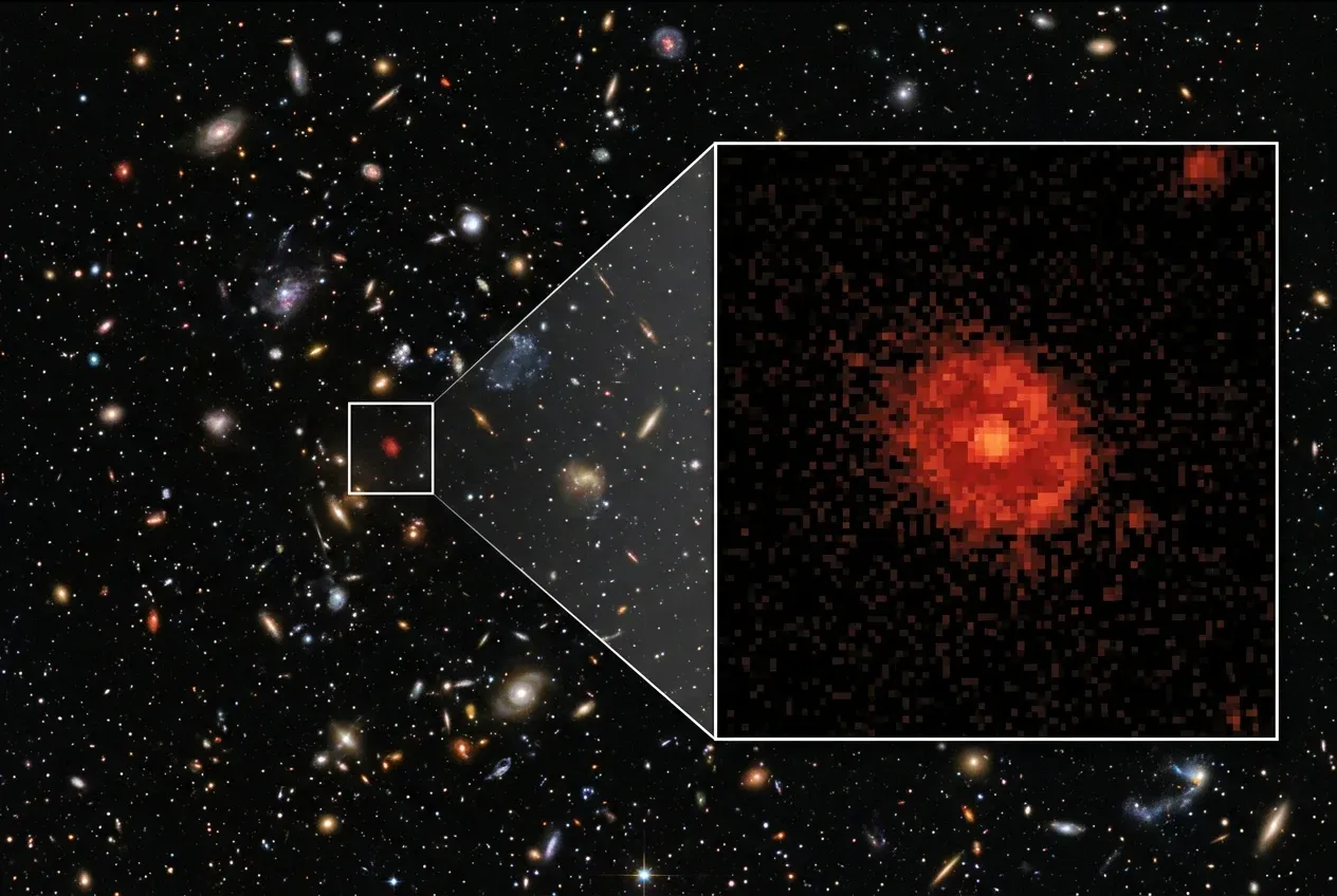Telescope image zooming in on a tiny red smudge representing an ancient galaxy