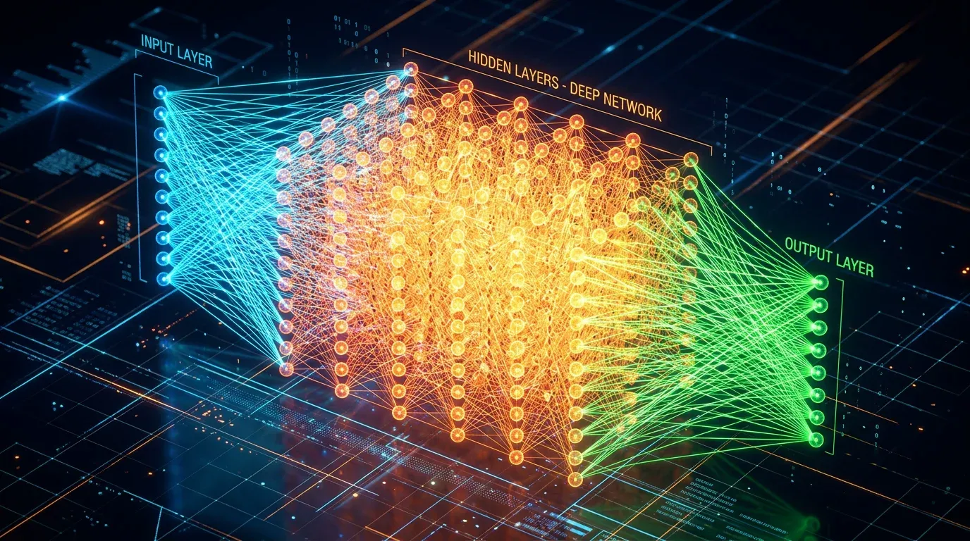 3D diagram of a deep neural network with input, hidden, and output layers