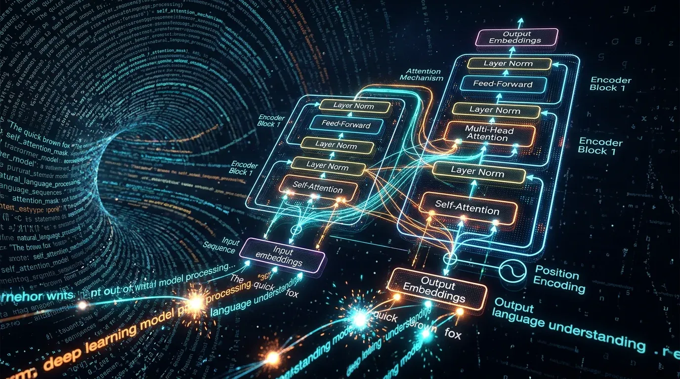 A glowing representation of a transformer neural network processing vast amounts of text data, nodes lighting up.