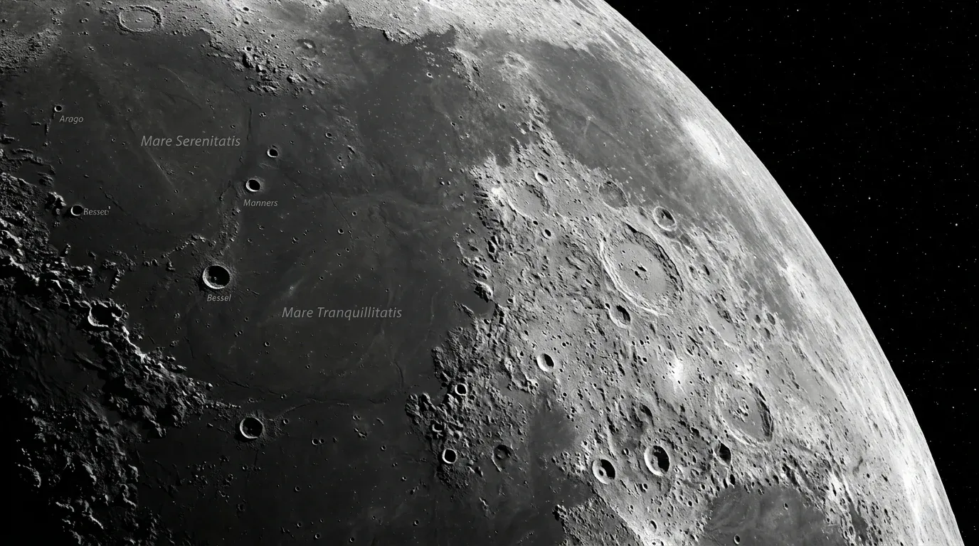 Close-up of the Moon showing the dark maria and bright cratered highlands.