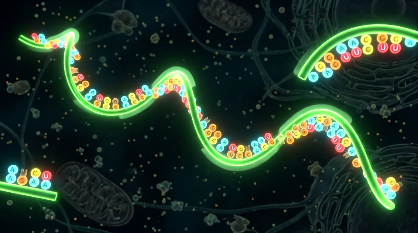 An mRNA strand with glowing bases grouped into three-letter codons.
