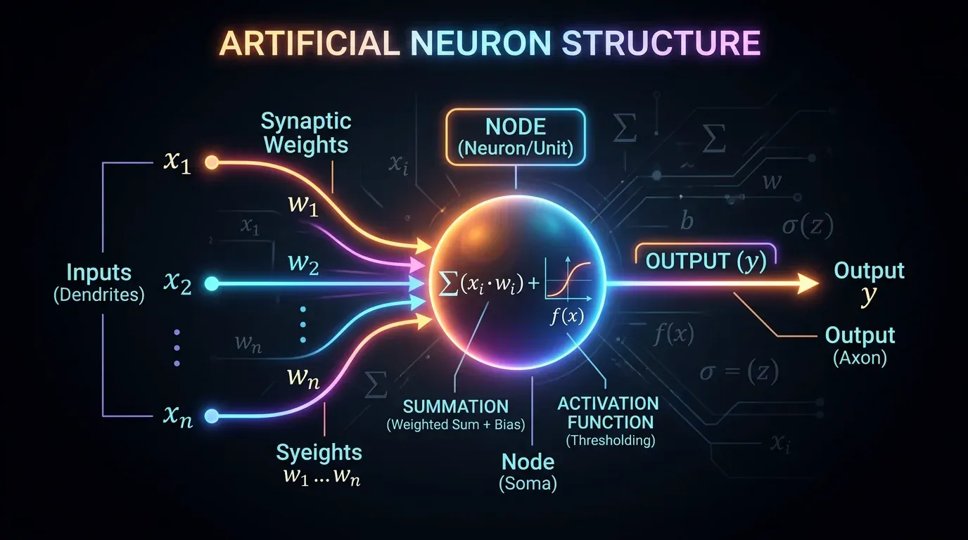 Diagram of an artificial neuron receiving inputs and producing an output