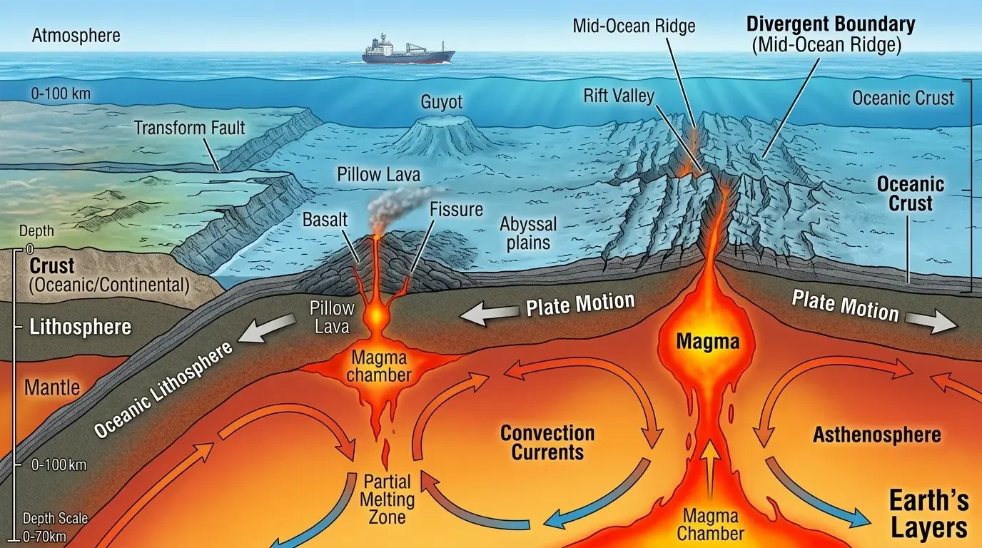 Cross-section illustration showing tectonic plates moving beneath Earth's surface with magma rising at a mid-ocean ridge