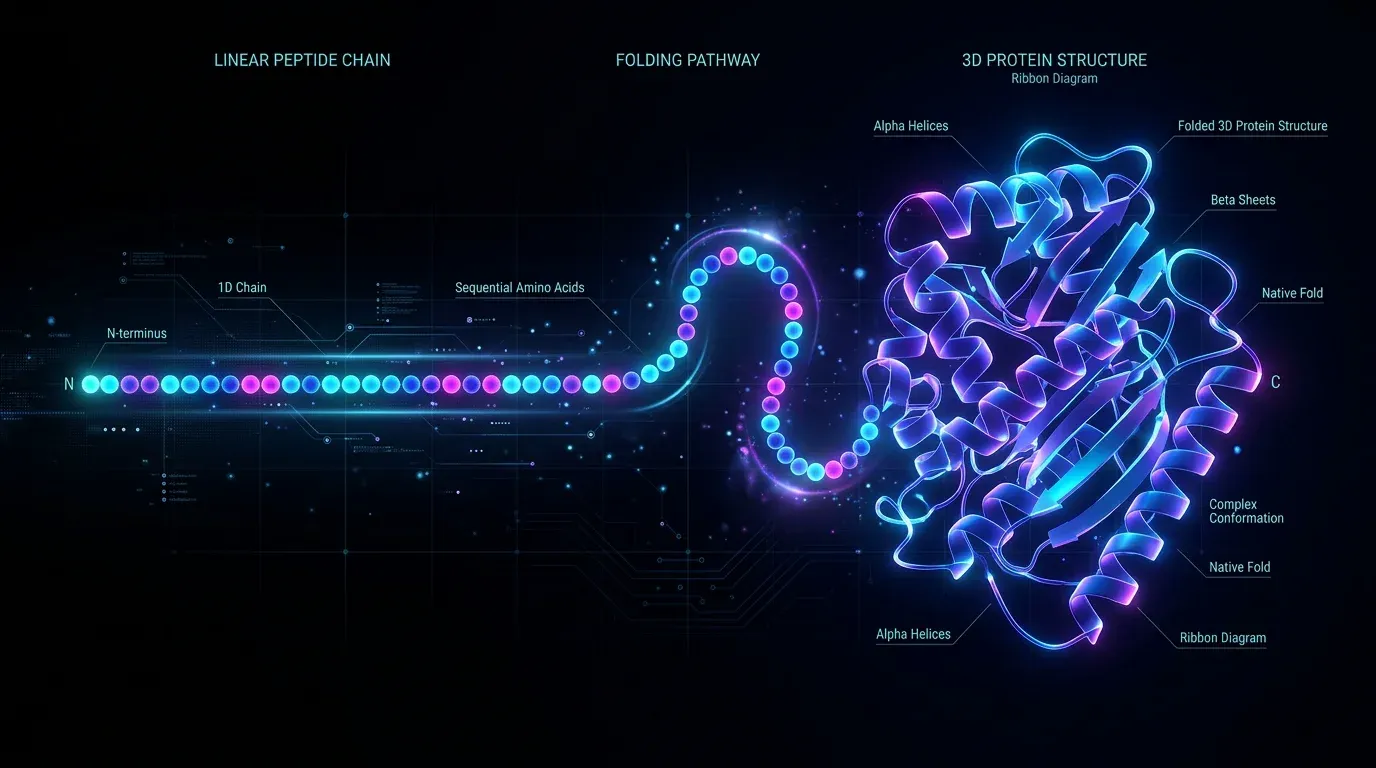 A linear sequence of colored beads folding into a highly complex, tangled 3D protein structure