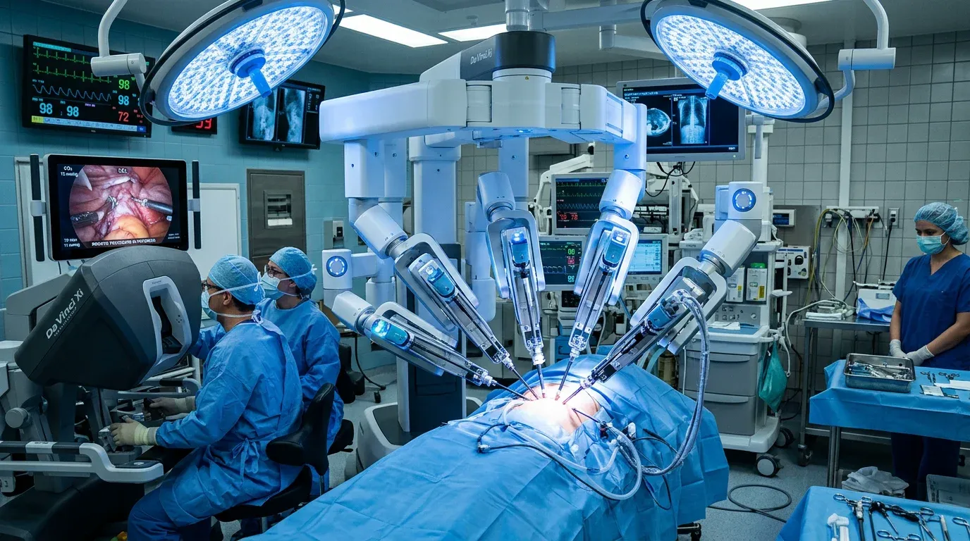 Advanced robotic surgical arms operating in a modern sterile hospital environment