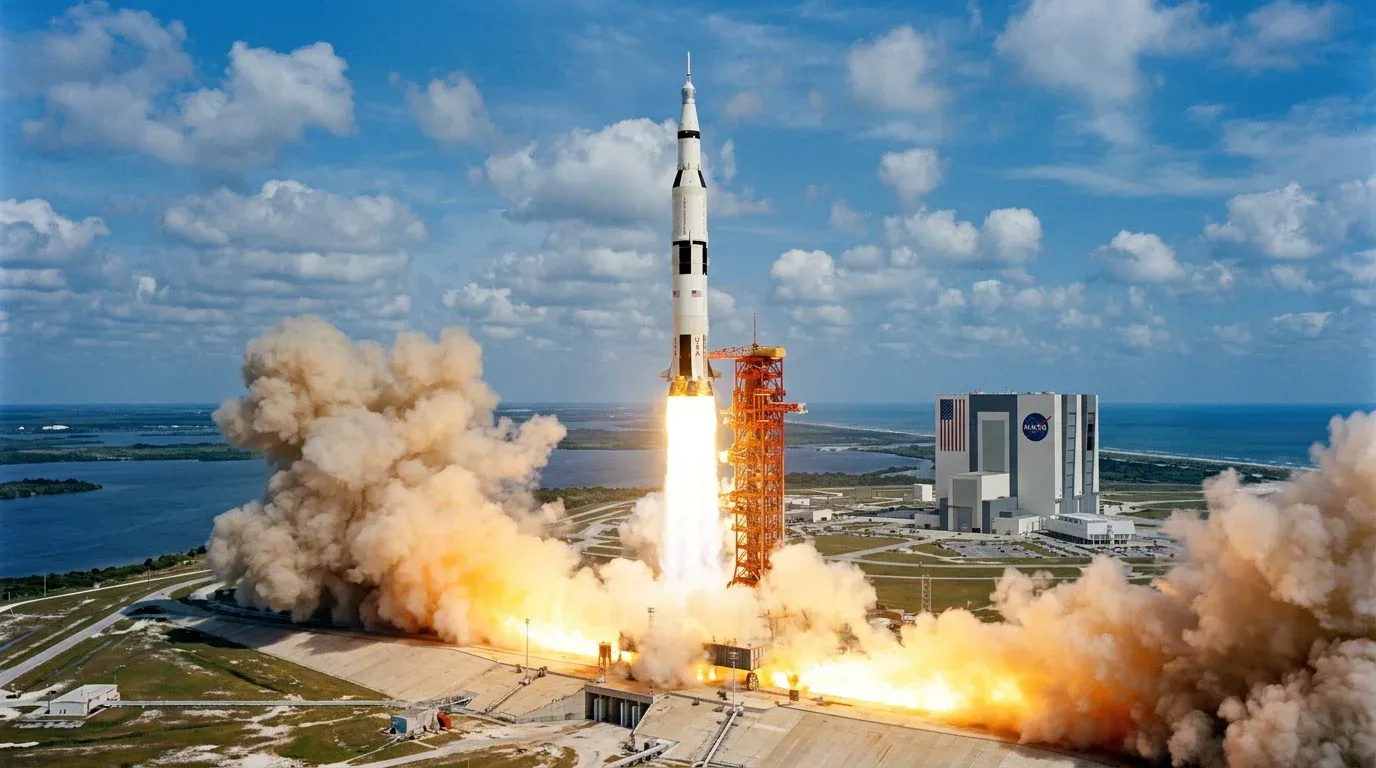 The massive Saturn V rocket launching into space.