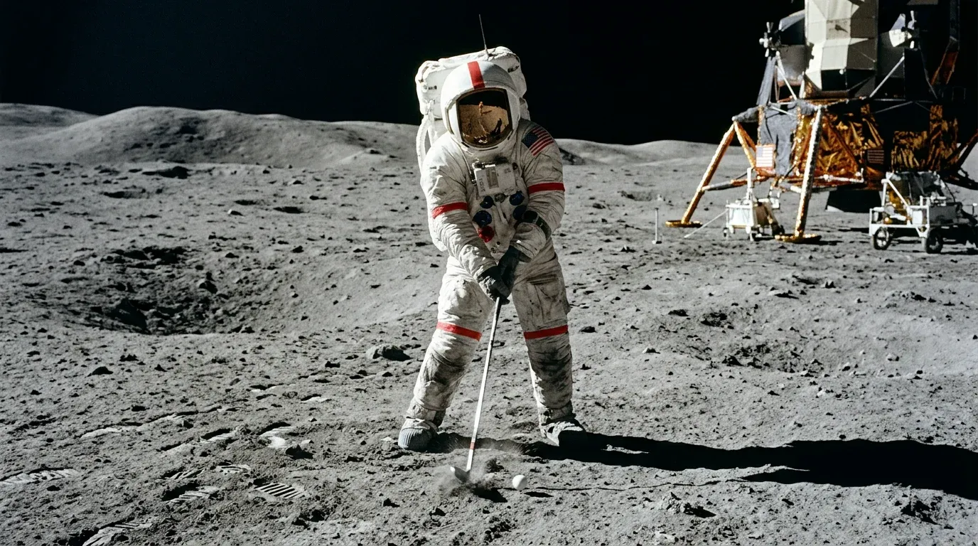 Astronaut Alan Shepard swinging a golf club on the Moon during Apollo 14.