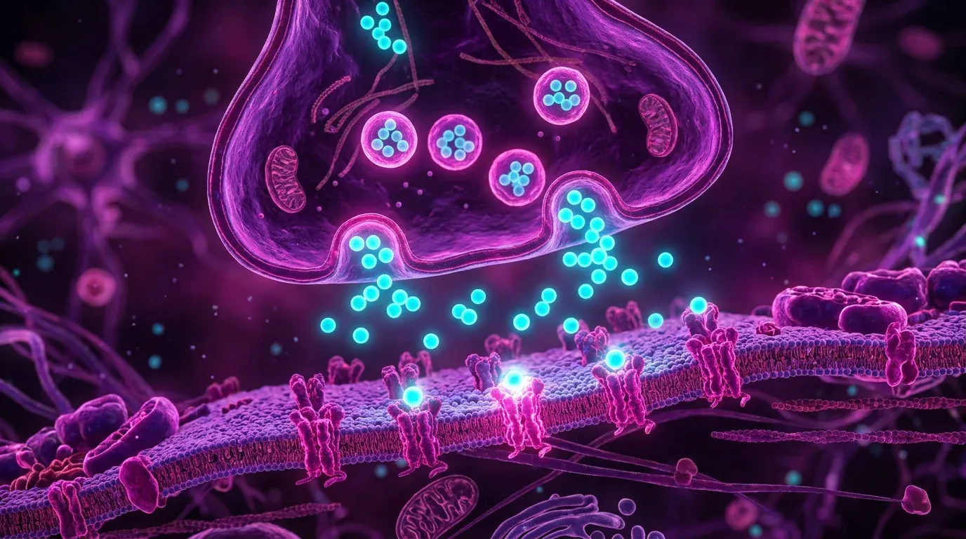 3D microscopic view of a neural synapse releasing glowing neurotransmitters