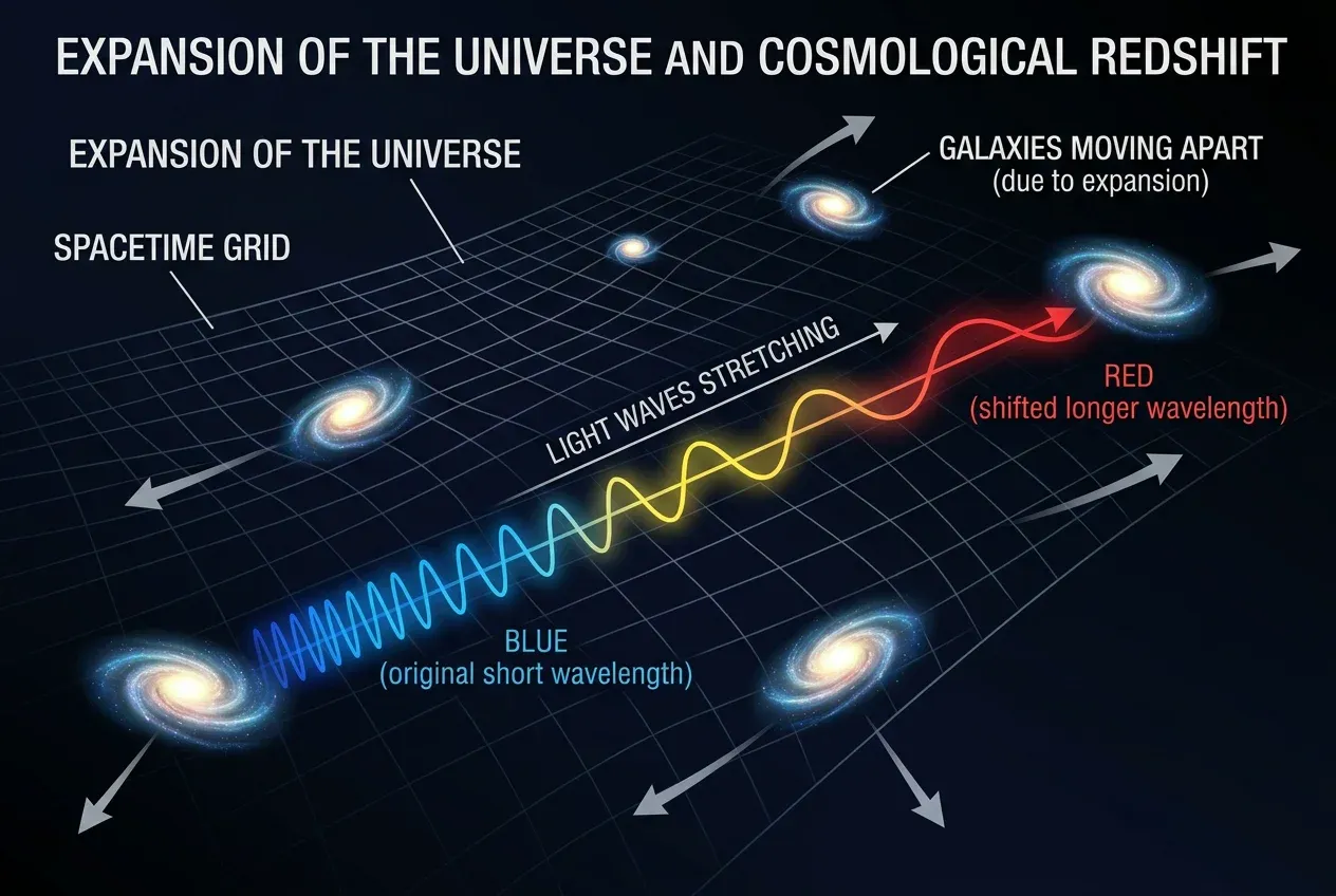 Diagram of expanding universe with galaxies moving apart and light redshifting