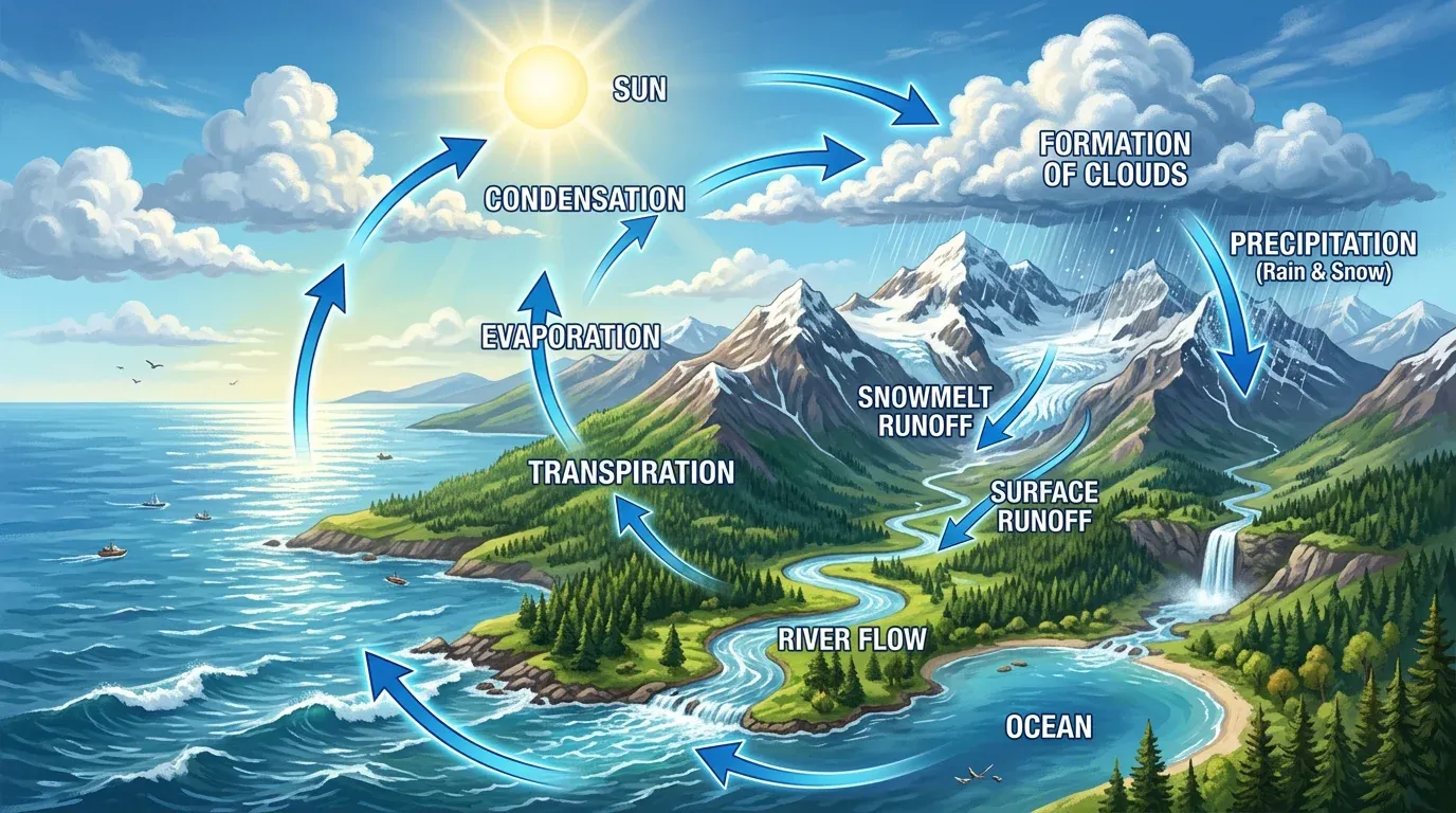 Illustrated diagram of the water cycle showing evaporation from the ocean, cloud formation, precipitation over mountains, and river runoff